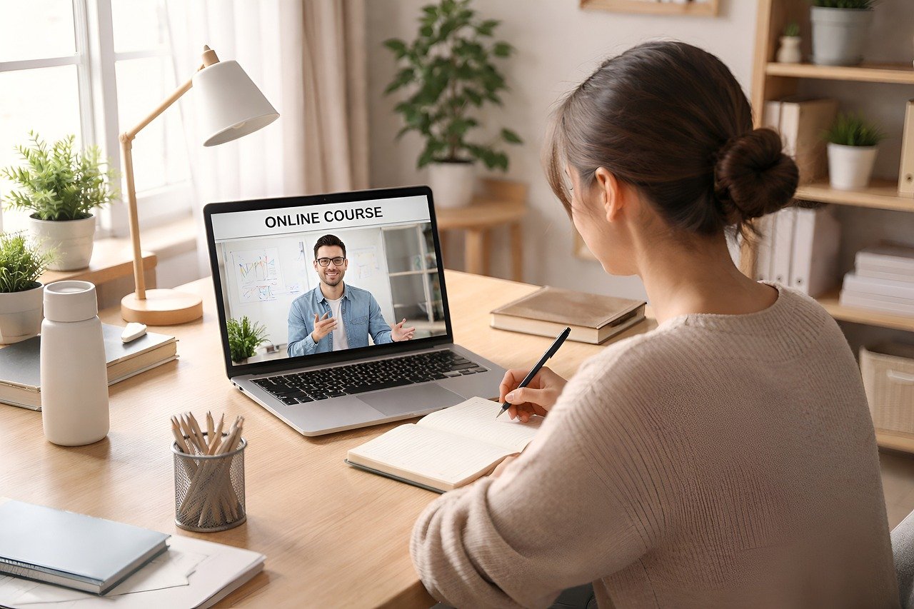 online learning, e-learning, distance learning, studying at home, laptop user, home office, digital education, modern workspace, productivity, working from home, online course, minimal desk, clean workspace, natural light, adult learner, technology use, education concept, focused person, home study